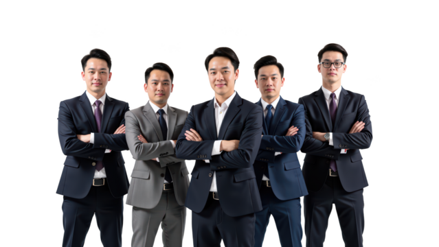Professional group of men in suits standing confidently with arms crossed, showcasing teamwork and leadership