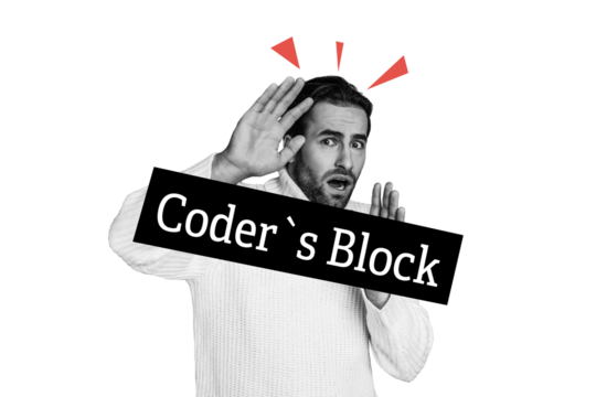 Composite trend artwork sketch photo collage of confused sad guy stand hand protect banner coders block software specialist hacking spy