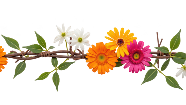 Colorful flowers arranged on vine create vibrant and cheerful decoration, perfect for adding touch of nature to any design - Powered by Adobe