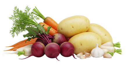 Isolated pile of assorted root vegetables carrots potatoes turnips garlic and beets mix