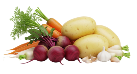 Isolated pile of assorted root vegetables carrots potatoes turnips garlic and beets mix