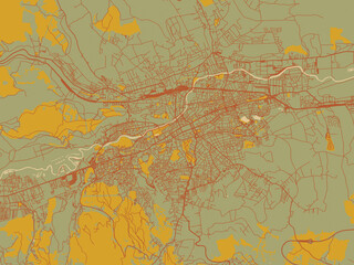Abstract flat-design map of Cluj-Napoca, Romania, featuring sage green ground with rust-red roads and ochre accents.