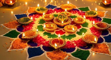 Colorful Diwali rangoli with traditional oil lamps