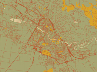 Stylized minimalist map of Oradea, Romania in sage green ground with rust-red roads and ochre accents.