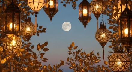 Decorative lanterns hanging among autumn branches