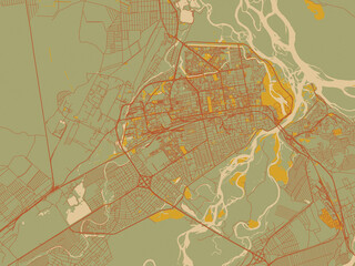 Graphic flat color map of Abakan, Russian Federation in sage/olive tone field with rust networks and ochre shapes, cream water.