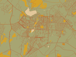 Contemporary flat map of Almetyevsk, Russian Federation design with muted sage base, rust-colored roads, and soft ochre highlights.