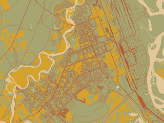 Obraz premium Contemporary flat map of Angarsk, Russian Federation design with sage green ground with rust-red roads and ochre accents.