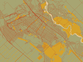 Fototapeta premium Contemporary flat map of Armavir, Russian Federation design with earthy sage background with rust roadways and ochre details.