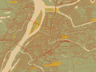 Decorative flat city map of Astrakhan, Russian Federation using sage green ground with rust-red roads and ochre accents.