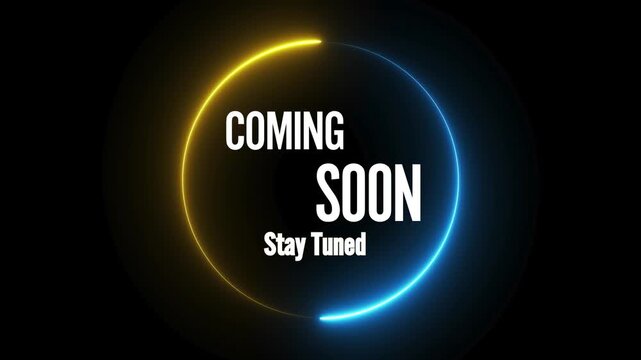 Stylish animated design with radiating glowing neon circles, blue and yellow color scheme, seamless elegant "stay tuned" transition.