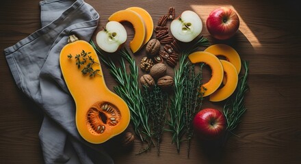 Fresh autumn ingredients with pumpkin and apples