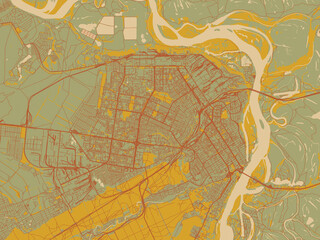 Fototapeta premium Modern flat map poster of Barnaul, Russian Federation in sage green ground with rust-red roads and ochre accents.