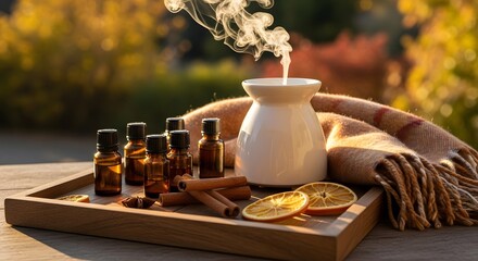 Aromatherapy essential oils with autumn background