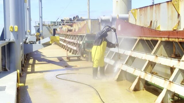 seafarer make chipping, de rusting hatch coamings of the cargo ship by high pressure water blaster 3