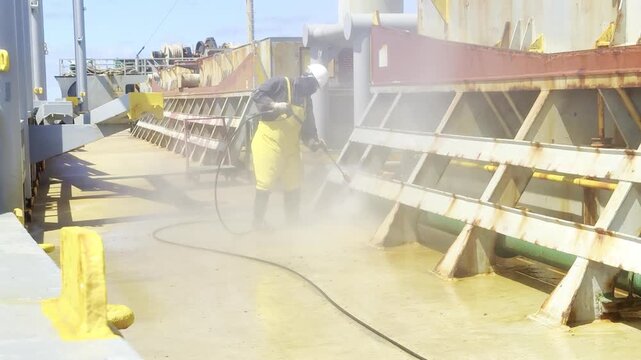 seafarer make chipping, de rusting hatch coamings of the cargo ship by high pressure water blaster 2