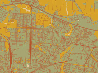 Obraz premium Poster-ready flat map of Bibirevo, Russian Federation, earthy sage background with rust roadways and ochre details.