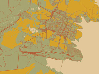 Stylized minimalist map of Bratsk, Russian Federation in sage/olive tone field with rust networks and ochre shapes, cream water.