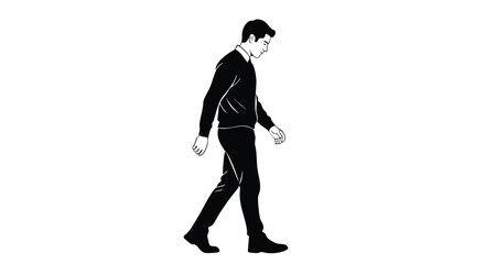 Minimalist black and white illustration of a man walking in profile. A simple vector graphic depicting a person in motion, isolated on a white background