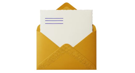 Isolated gold invitation envelope with paper and blue lines for letter stationery note