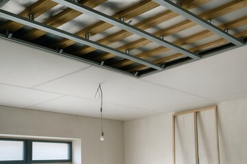 Obraz premium Interior construction and ceiling installation – exposed framework, hanging bulb, and renovation materials in progress