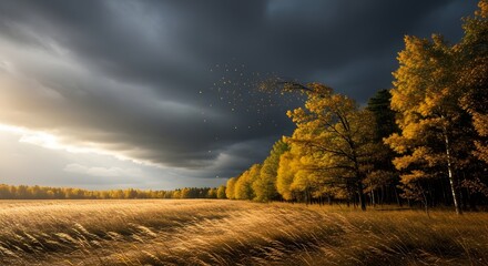 Autumn landscape of golden field under cloudy sky