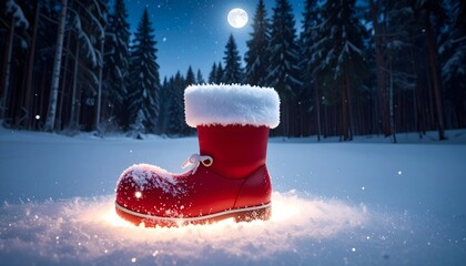 Magical Christmas Eve scene with Santa's boot in a snowy forest under the moonlight, evoking holiday cheer and winter wonderland feelings