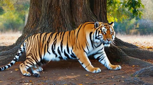 Tiger resting at the base of a large tree with orange and black stripes in a forest setting outdoors tiger video