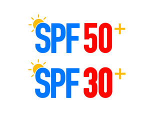 SPF 50+ and SPF 30+ label design for sunblock products. Skincare products package design. Vector illustration.