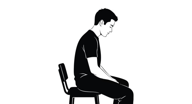 Illustration of a man demonstrating poor posture while seated, depicting the adverse effects of slouching on health, comfort, and mental well-being, emphasizing fatigue and introspection