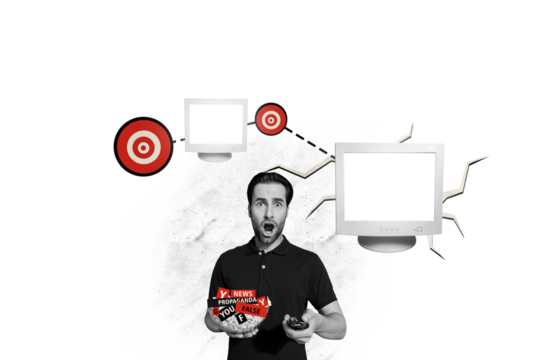 Composite photo collage of astonished man hold remote controller disinformation hoax pc monitor news spread isolated on painted background - Powered by Adobe