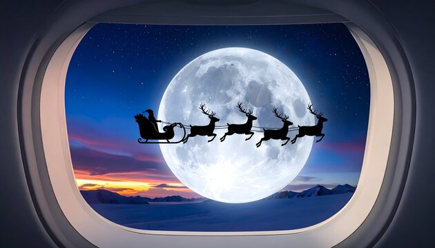 Magical holiday flight with Santa's sleigh soaring past the moon, viewed from airplane window, creating wonder and festive cheer for Christmas season
