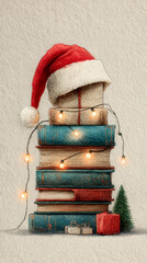 Festive Stack of Christmas Books with Santa Hat and Fairy Lights