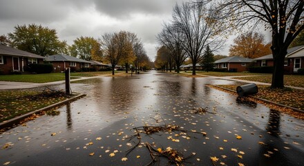 Rainy autumn day with puddles and fallen leaves