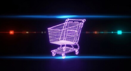 Futuristic shopping cart, digital concept for e-commerce, online retail promotions, tech startups. Hologram wireframe design conveys modern shopping experience.