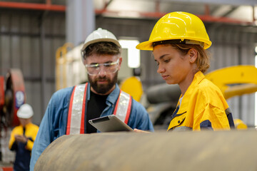 female engineer supervisor advice technician foreman to inspect and check spare part equipment of production machine, team of diverse workers working together at industrial manufacturing factory