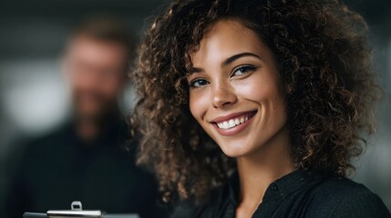 A confident professional woman smiles while holding a clipboard in a collaborative office environment with a colleague blurred in the background