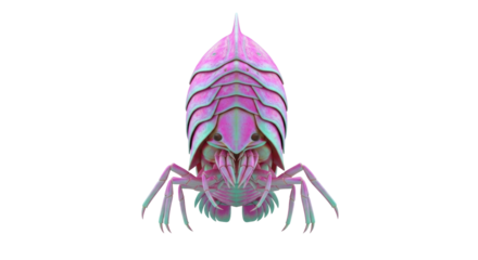 Isolated fantastical arthropod creature with pink and green exoskeleton, standing upright