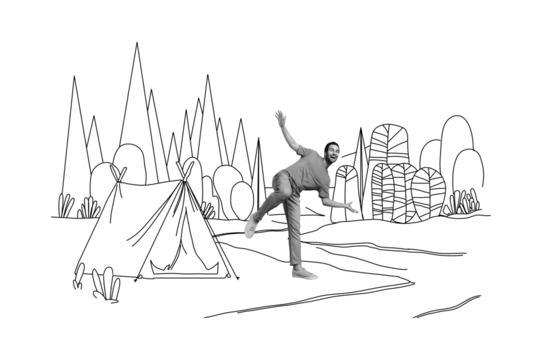 Composite photo collage of happy man hiker dance summer travel adventure tent sightseeing mountain relax isolated on painted background