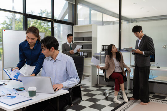 Business team present. professional investor working new start up project. tablet laptop computer with digital marketing media in virtual icon design Finance managers meeting.