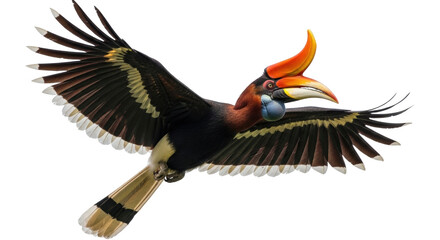 Isolated Rufous Hornbill flying, colorful bird with open wings, large orange casque and beak © Emma