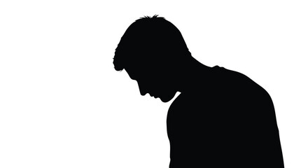 A stark black silhouette of a young man with his head bowed in sadness, illustrating concepts of depression, loneliness, and mental health challenges