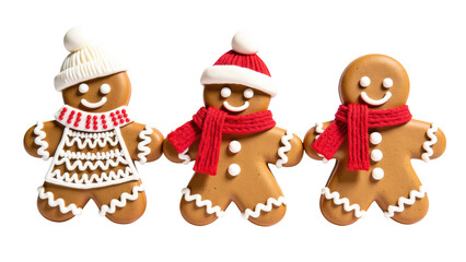 Fototapeta premium Gingerbread cookies with festive decorations, including hats and scarves, create cheerful holiday atmosphere