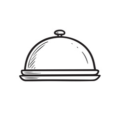 Hand drawn sketch of a silver food cloche or serving dome on a plate with a simple handle
