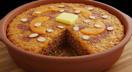 Delicious baked rice pudding with orange slices and butter in a clay pot