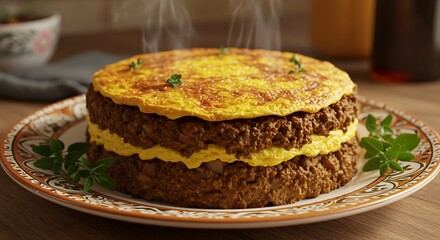 Savory layered breakfast stack with eggs and meat