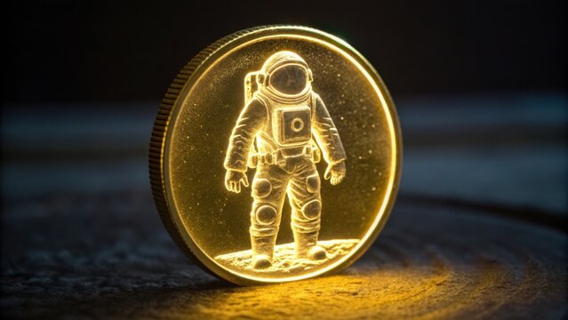 A golden coin featuring an astronaut design, illuminated against a dark background, highlighting its intricate details.