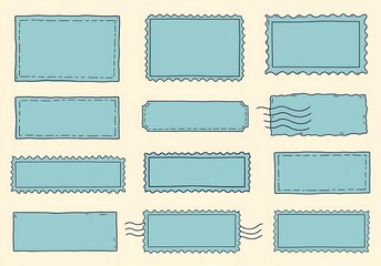Collection of blank blue postage stamp frames with perforated edges