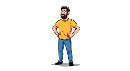 A confident cartoon man with a beard and yellow t-shirt standing with hands on hips, looking proud. Vector illustration isolated on a white background