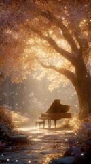 Enchanting Grand Piano Under a Golden Glowing Tree in a Magical Forest